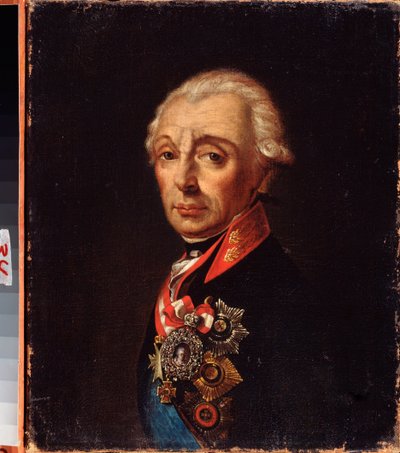 Marsalkka Generalissimo Prinssi Aleksandr Suvorovin (1729-1800) muotokuva. Venäläisen mestarin maalaus, öljy kankaalle, 1700-luvun loppu. Kaukoidän taidemuseo, Habarovsk (Venäjä). tekijältä School Russian