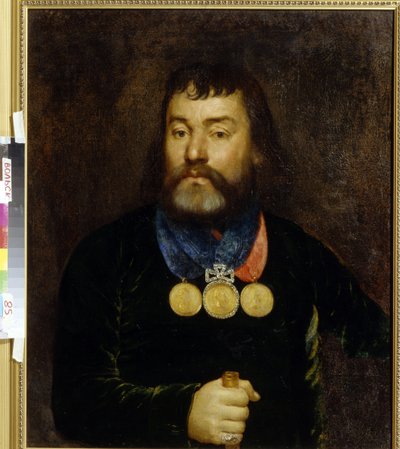 Runoilija Constantin Zlobinin (1777-1813) muotokuva. Ylpeänä kolme kulta- ja timanttimitalia kaulassaan. Nimetön maalaus, öljy kankaalle, 1800-luvun alku. venäläistä taidetta tekijältä School Russian