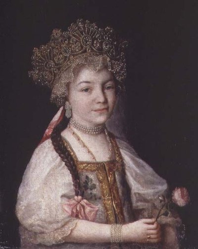 Muotokuva Alexandra Pavlovnasta venäläisessä kansallispuvussa, n. 1790 (öljy kankaalle) tekijältä School Russian