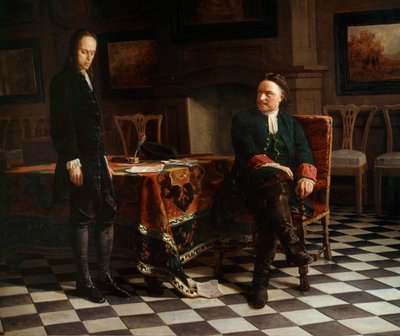 Pietari I Suuren (1672-1725), Venäjän tsaarin ja hänen poikansa Aleksiksen (1690-1718) muotokuva Venäläisen koulun maalaus tekijältä School Russian