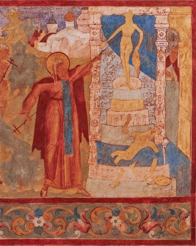 Rostovin pyhä Abraham (kuolevainen vuonna 1074 tai 1077) detruit les idoles de Veles - Rostovin Abraham tuhoaa Velesin patsaan. Fresko Pyhän Johanneksen apostolin kirkosta Rostovin Kremlissä - antiikin venäläisiä freskoja. Viileä tekijältä School Russian