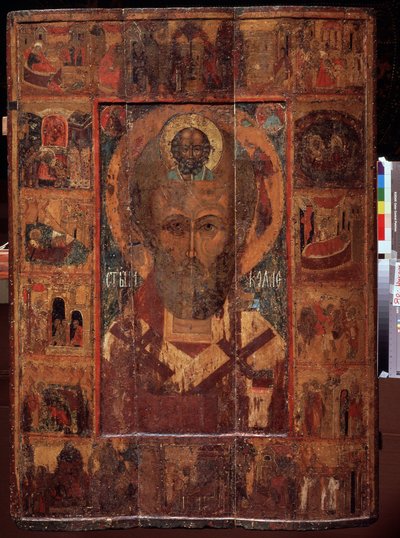 Saint Nicolas de Myre ou de Bari, avec des scenes de sa vie (Pyhä Nikolaus elämänsä kohtauksilla). Venäläinen ikoni, tempera puulla, 1400-luvun alku, muinaista taidetta Jaroslavlista (Venäjä). Valtion taidemuseo, Jaroslavl (Venäjä). tekijältä School Russian