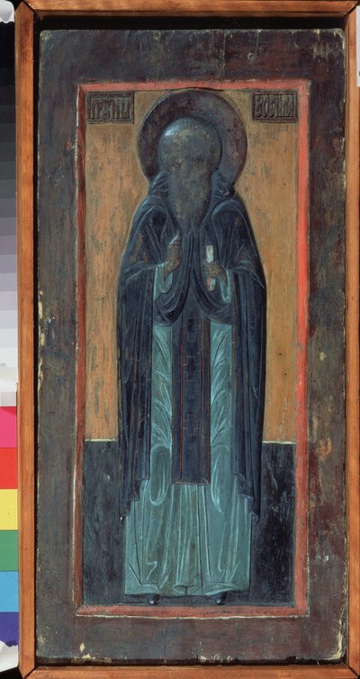 Pyhä Zosimus Solovkilainen (kuoli 1478). Venäläinen ikoni, monivärinen veistetty puu, 1500-luvun puoliväli. Vanha perinteinen venäläinen taide pohjoisesta. Alueellinen taide- ja taidemuseo, Smolensk (Venäjä). tekijältä School Russian