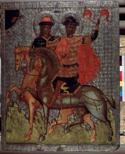 Pyhät Boris (tai Roman) ja Gleb (tai Daavid) hevosen selässä (marttyyrit vuonna 1015) (Pyhät Boris ja Gleb hevosen selässä). Kiovan suurprinssin Pyhän Vladimirin nuoremmat pojat erottuivat aina hurskaudestaan, mutta isänsä, vanhimman Svian kuoltua tekijältä School Russian