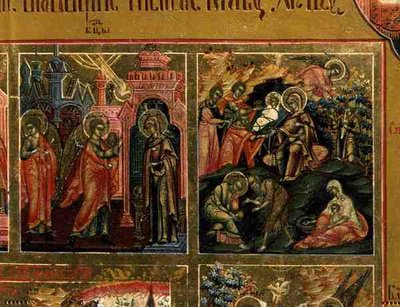 Ylösnousemus ja laskeutuminen helvettiin, yksityiskohta The Margin of the Feasts -juhlasta, joka kuvaa Marian ilmestystä ja syntymää (tempera paneelissa) tekijältä School Russian