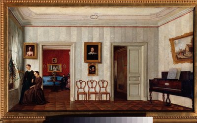 Pieni huone, jossa on piano. (Ja kaksi naista katsomassa ulos ikkunasta). Venäläisen mestarin maalaus, öljy kankaalle, 1800-luvun puoliväli. Valtion Tretjakovin galleria, Moskova. tekijältä School Russian