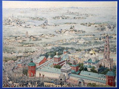 Näkymä Pyhän Sergiuksen (Trinite-Saint-Serge) kolminaisuuslavran luostarista Sergiev Posadissa pääsiäiskulkueessa Moskovasta. (Näkymä Sergiuksen kolminaisuuslavrasta Sergiyev Posadissa pääsiäiskulkueen kanssa Moskovasta). Mestarin työ r tekijältä School Russian