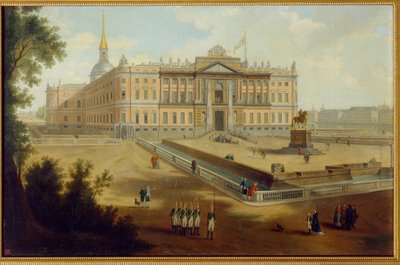 Vue du palais Michel a Saint Petersburg (näkymä Mikaelin palatsille Pietarissa). Anonyymi maalaus, öljy kankaalle, noin 1800. Venäläistä taidetta tekijältä School Russian