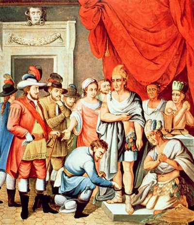 Hernan Cortes käskee laittaa kahleet Montezuman nilkoihin (väri litho) tekijältä School Spanish