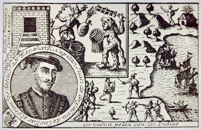 Juan de Grijalvan johtamat espanjalaiset laskeutuvat Yucatanille ja taistelevat Maya-sotureiden kanssa Champotonin taistelussa toukokuussa 1518 (litho) tekijältä School Spanish