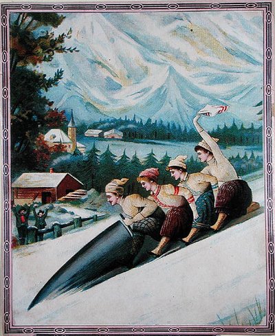 Matkailijoita laskettelemassa, 1900-luvun alku (värilitografia) tekijältä School Swiss
