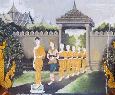 Fresko, joka kuvaa kohtausta Buddhan elämästä, Wat Phra That Doi Suthep -temppeli. tekijältä School Thai