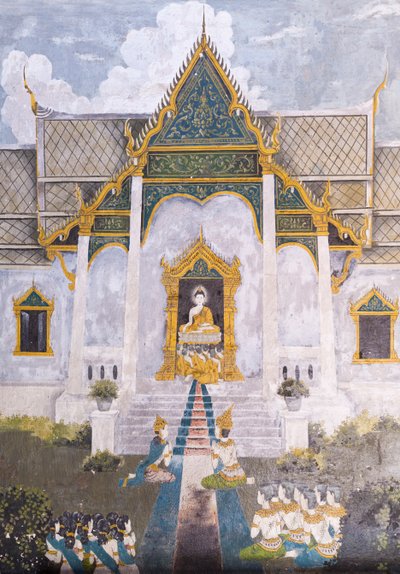 Fresko, joka kuvaa kohtausta Buddhan elämästä, Wat Phra That Doi Suthep -temppeli. tekijältä School Thai