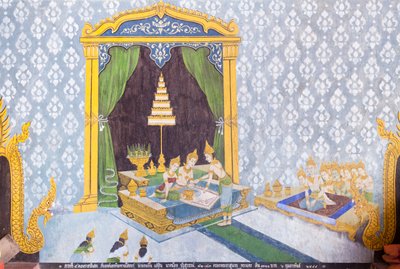 Fresko, joka kuvaa kohtausta Buddhan elämästä, Wat Phra That Doi Suthep -temppeli. tekijältä School Thai