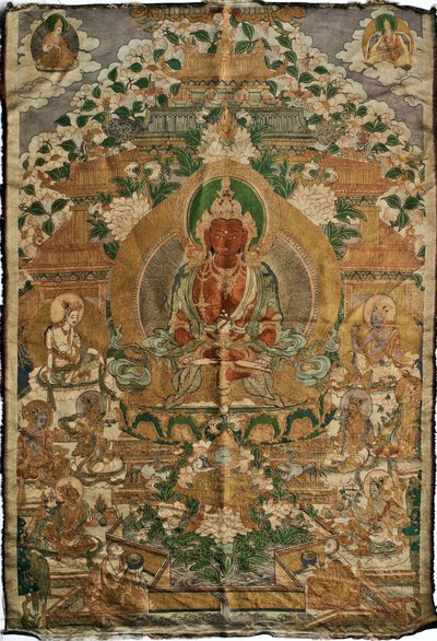 Amitabha (puhtaan maan buddha) - Tiibetin maalaus, pigmentit ja kulta kankaalla, 1800-luvun loppu, 74x51 cm - (Amitayus Buddha Thangka, Tiibetin kulttuuri, Pigmenttejä ja kultaa tekstiileissä, 1800-luvun loppu) - Yksityiskokoelma tekijältä School Tibetan