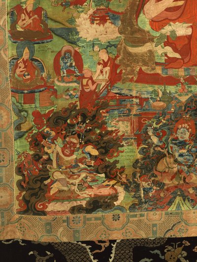 Yksityiskohta kolmannesta panchen-lamasta Losan Penden Yeshe (guassi kankaalla) tekijältä School Tibetan