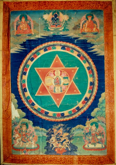 Mandala de vajravarami jumalatar tanssii (keskellä) sen nimi tarkoittaa "" adamantine laie "". Tiibet tekijältä School Tibetan