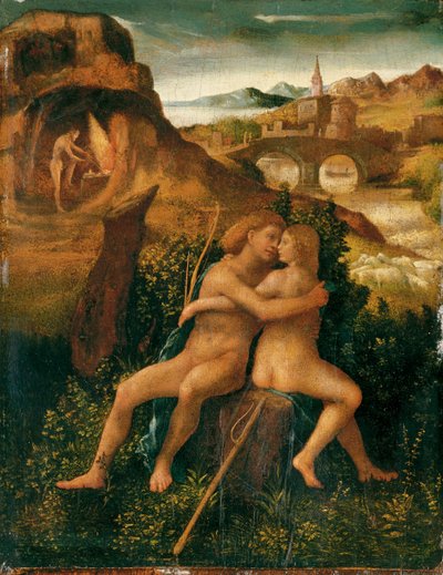 Venus ja Mars jokimaisemassa Vulcanin työskennellä takossaan, n. 1500 (öljy paneelissa) tekijältä School Venetian