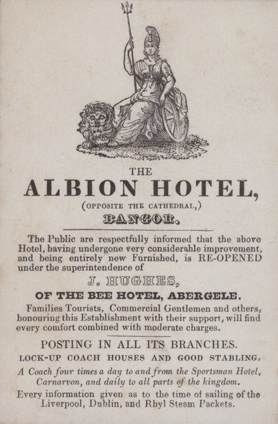 Mainos Albion-hotellista, Bangor, Pohjois-Wales (kaiverrus) tekijältä School Welsh