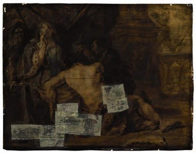 Simson nukkuu Delilan sylissä, kun häneltä leikataan hiukset (Tuom. 16:19). tekijältä School of Peter Paul Rubens