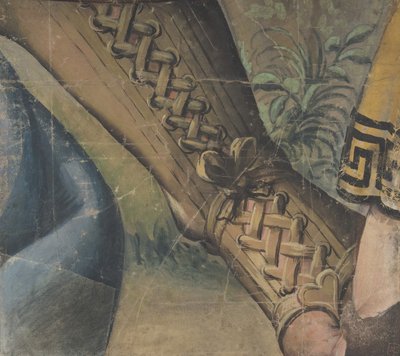Katkelma kuvakudossarjakuvasta: Jalka buskinissa, verhot ja kasvi, 1500-1550. tekijältä School of Raphael.