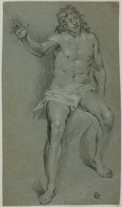 Istuva miesakti (etusivu); luonnoksia kädestä ja pojan päästä (kääntöpuoli). tekijältä School of Rembrandt van Rijn