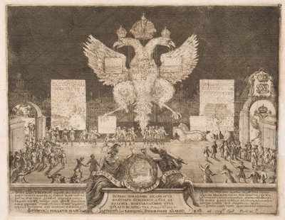 Ilotulitus Moskovassa 1. tammikuuta 1704 ruotsalaisen Nyenskansin linnoituksen valloituksen yhteydessä, 1705 tekijältä Schoonebeek
