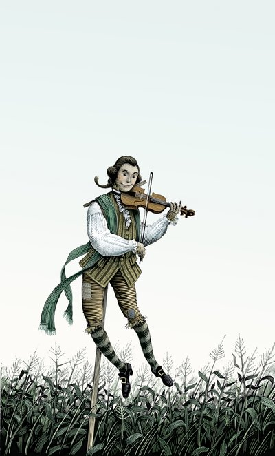 Barokkiviulupelätin, 2006 (raapalevy, väritetty digitaalisesti) tekijältä Scott McKowen