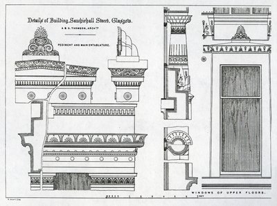 Grecian Chambersin arkkitehtoniset yksityiskohdat, 336-356 Sauchiehall Street, Glasgow, suunnittelija Alexander Greek Thomson, 1869 tekijältä Scottish School