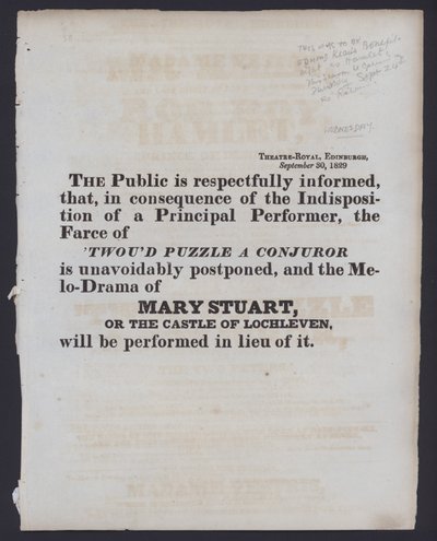 Ilmoitus laskutetun esityksen muutoksesta Theatre Royalissa, Edinburghissa, 30. syyskuuta 1829 (litho) tekijältä Scottish School