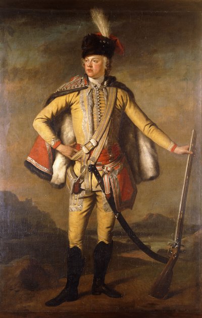 John Lindsayn, Crawfordin 20. jaarlin ja Lindsayn muotokuva, täyspitkä, husaari-univormussa pitelemässä Flintlock-muskettia, maisema takana, n. 1745 tekijältä Scottish School