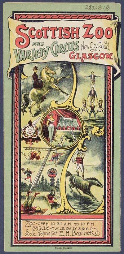 Skotlannin eläintarhan ja Variety Circuksen mainoslehtinen, n. 1890 tekijältä Scottish School