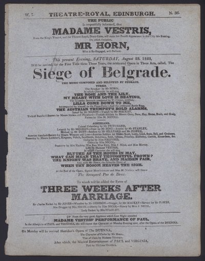 Teatteriohjelma Theatre Royalille, Edinburgh, 23. elokuuta 1823 (litho) tekijältä Scottish School