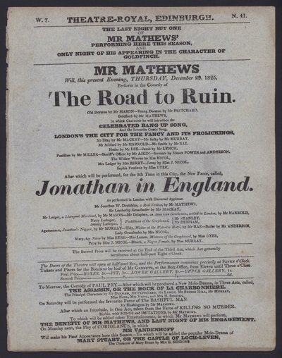 Teatteriohjelma Theatre Royalille, Edinburgh, 29. joulukuuta 1825 (litho) tekijältä Scottish School
