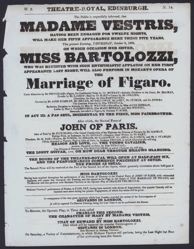 Teatteriohjelma Theatre Royalille, Edinburgh, 8. lokakuuta 1829 (litho) tekijältä Scottish School