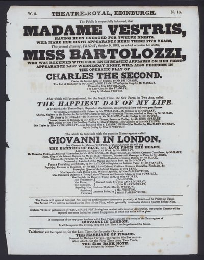 Teatteriohjelma Theatre Royalille, Edinburgh, 9. lokakuuta 1829 (litho) tekijältä Scottish School
