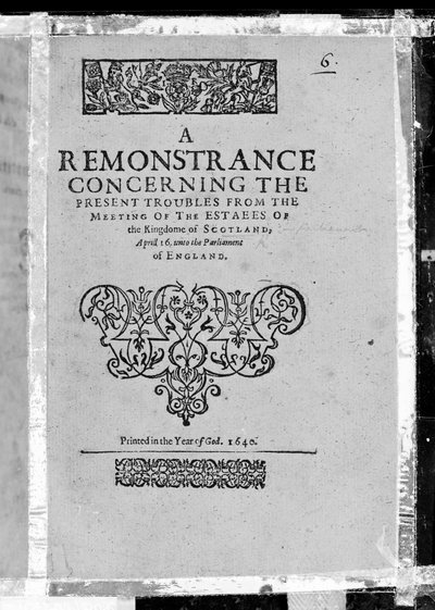 Skotlannin kuningaskunnan tilakokouksen tämänhetkisiä ongelmia koskeva huomautus, julkaistu 1640 (painettu paperi) tekijältä Scottish School