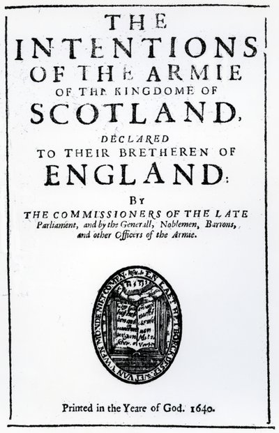 Nimisivu Alexander Hendersonin teokselle "The Intentions of the Armie of the Kingdom of Scotland", julkaistu 1640 (painettu paperi) tekijältä Scottish School