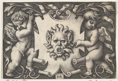 Maski escutcheonin tukena Two Genii, 1544. tekijältä Sebald Beham