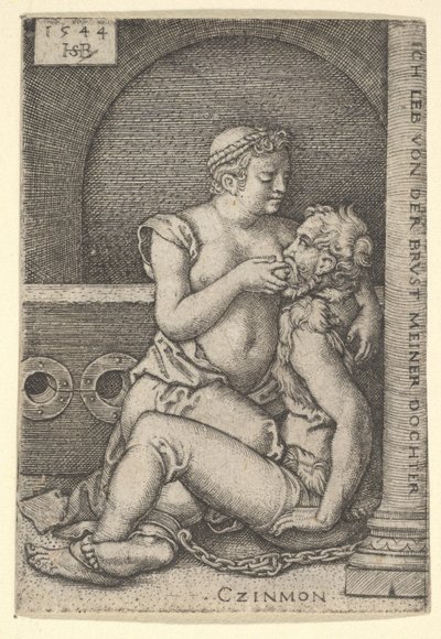 Cimon istuu oikealla olevaa pylvästä vasten ja imee Peroa, joka polvistuu hänen vieressään, 1544. tekijältä Sebald Beham