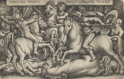 Hercules Fighting Against the Troijans, teoksesta The Labors of Hercules, 1545. tekijältä Sebald Beham