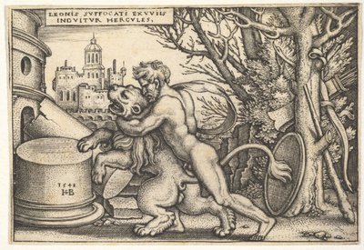 Herkules, profiilissa tappamassa Nemean leijonan käsivarsi sen kaulassa, teoksesta The labo..., 1548. tekijältä Sebald Beham