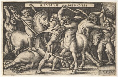 Hercules mailansa kanssa keskellä taistelee kentauria vastaan, muut miehet taistelevat kentaureja vastaan vasemmalle..., 1542. tekijältä Sebald Beham
