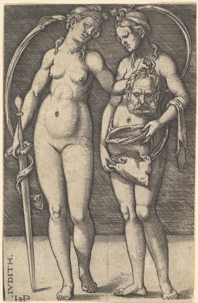 Judith seisoo oikealla ja pitää Holofernesin päätä oikeassa kädessään ja..., n. 1520-30. tekijältä Sebald Beham
