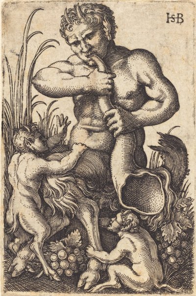 Satyr puhaltaa torvea tekijältä Sebald Beham