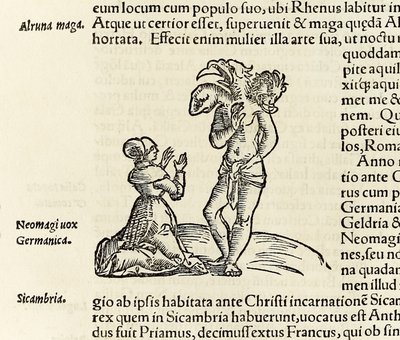 Noita kutsuu kolmipäisen demonin, vuodelta 1550 Sebastian Munsterin Cosmographia (puupiirros) tekijältä Sebastian Munster
