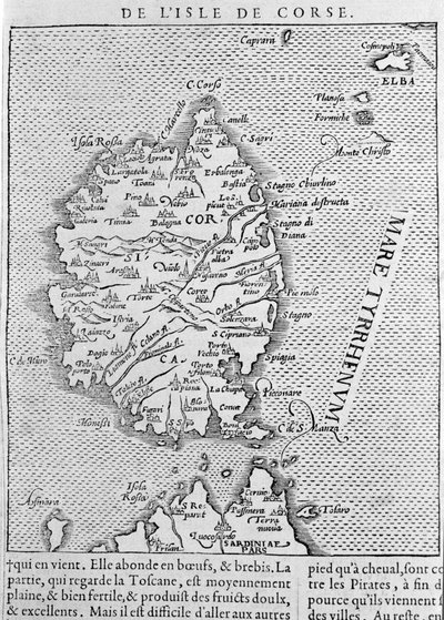 Korsika Sebastian Munsterin "Cosmographia Universaliksen" jälkeen. Basel 1558 tekijältä Sebastian Munster