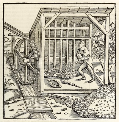 Kaivostyötä vesipyörällä, vuodelta 1550 Sebastian Munsterin Cosmographia (puupiirros) tekijältä Sebastian Munster