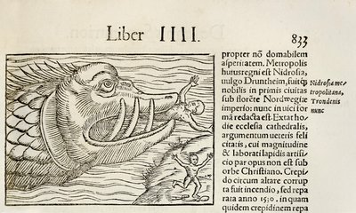 Hirviömäinen valas, joka syö ihmisiä, vuodelta 1550, Sebastian Munsterin Cosmographia (puupiirros) tekijältä Sebastian Munster