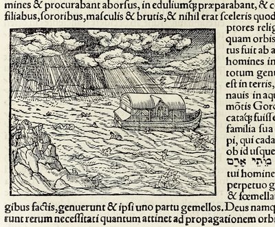 Nooan arkki ja vedenpaisumus, vuodelta 1550 Cosmographia; Kirjailija: Sebastian Munster (puupiirros) tekijältä Sebastian Munster